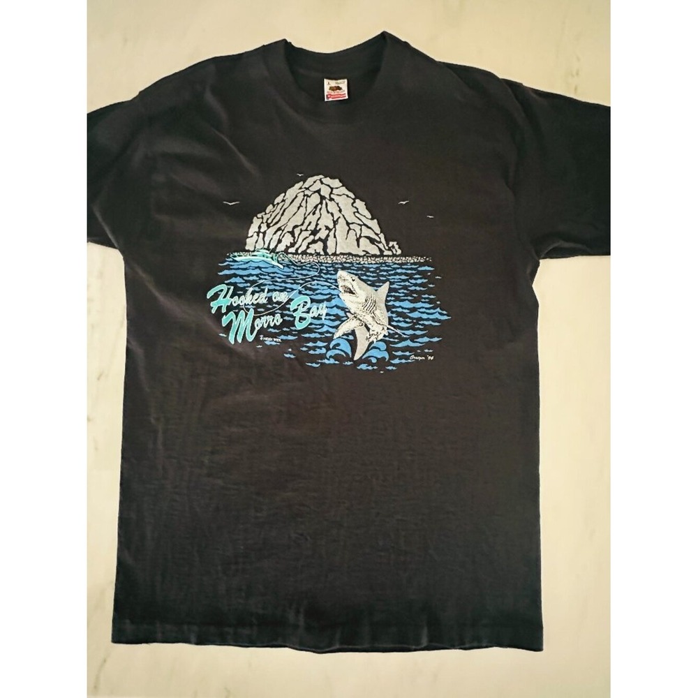 Hooked on Morro Bay Black T-shirt - Men's Size Large  - Shark - California Beach